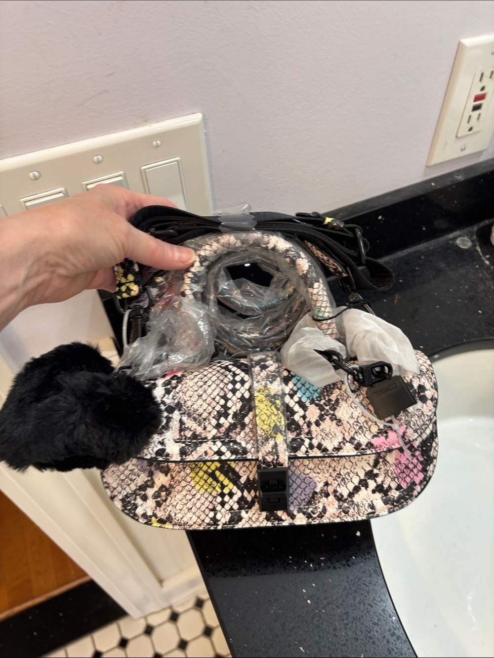 NWT Steve Madden Multicolor Snakeskin Print Crossbody Bag with Pom